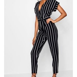 Roll Sleeve Tie Belt Stripped Jumpsuit
